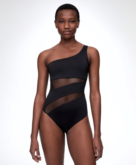 Black Oysho Sheer Panel Asymmetric Swimsuit | UVYO50389