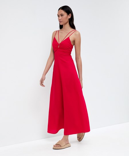 Bright Red Oysho Strappy Linen Midi Dress | MVIF27389