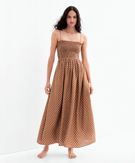 Caramel Oysho Strappy Ruched Polka Dot Dress | ULYW83651