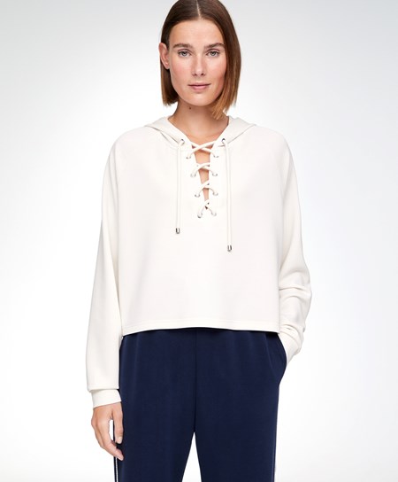 Cream-white Oysho Lace-up Modal Sweatshirt | TUAX81607