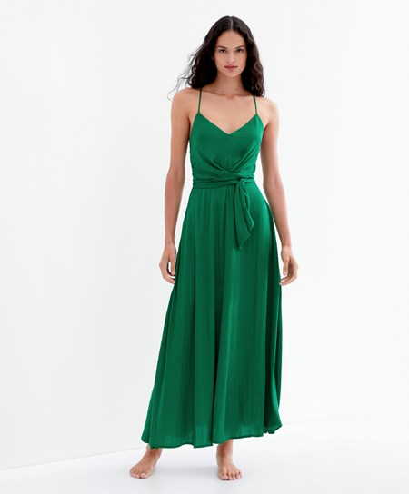 Deep Green Oysho Satin Strappy Midi Dress | YCZM37462