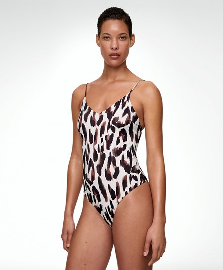 Ecru Oysho Leopard Print V-neck Swimsuit | UXME94627