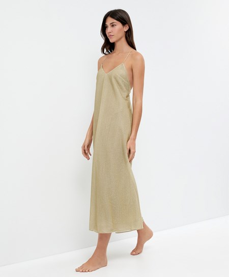 Gold Coloured Oysho Long Metallic Thread Dress | EZAT50869
