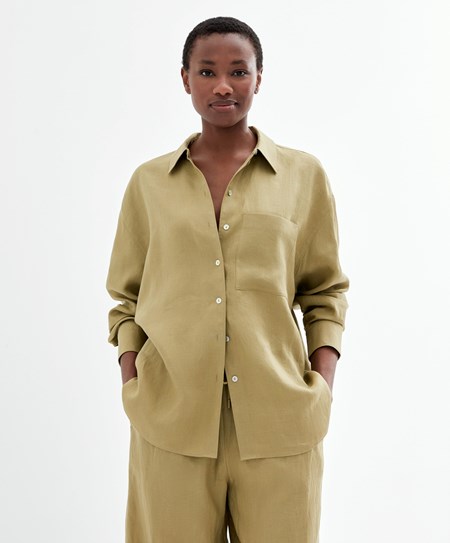 Khaki Oysho 100% Linen Long-sleeved Shirt | YPXH85297