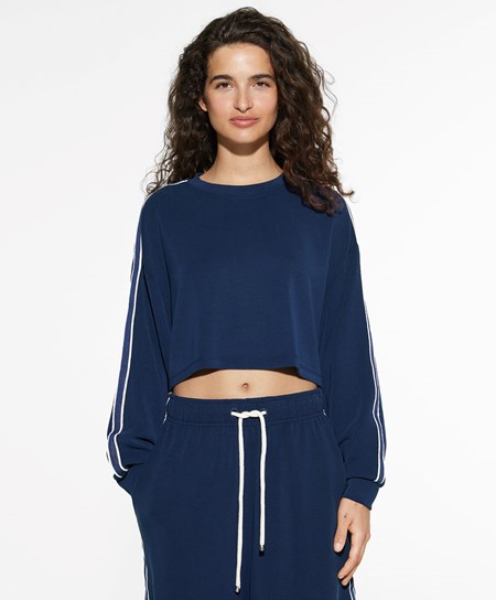 Navy Blue Oysho Striped Modal Crop Sweatshirt | JUSD73108