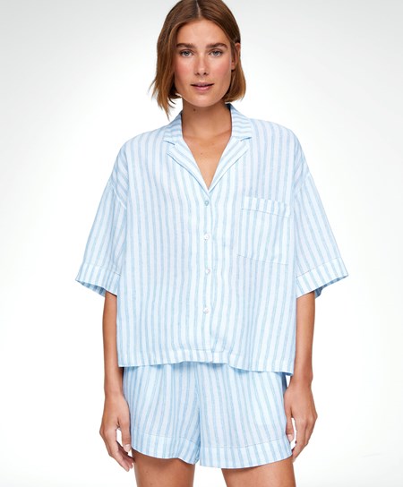 Pale Ecru Oysho Linen Short-sleeved Shirt | OUNT80321
