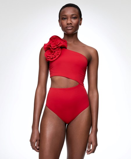 Red Oysho Floral Asymmetric Trikini | IYJS25460
