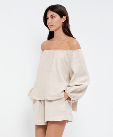 Sand Melange Oysho Long-sleeved 100% Linen Blouse | TLPA87950