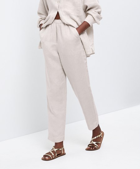 Sand Melange Oysho Slim Fit Linen Trousers | ROIE08723