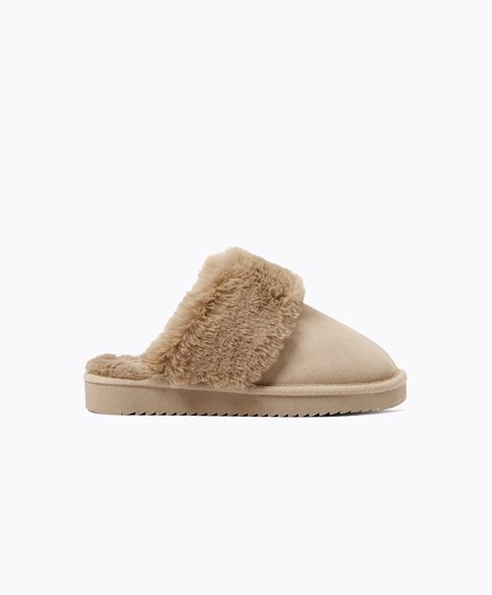 Sand Oysho Cuff Split-leather Slippers | SCQG35268