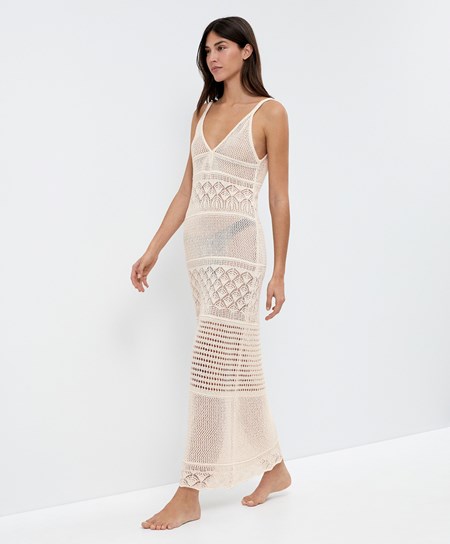 Sand Oysho Textured Crochet Long Dress | LWPE21568