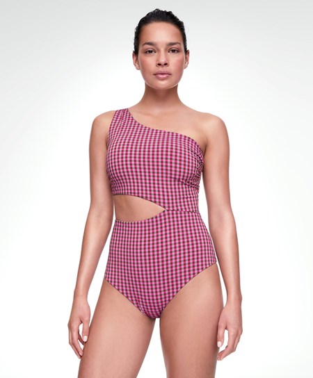 Strawberry Red Oysho Asymmetric Gingham Trikini | JOYX64815