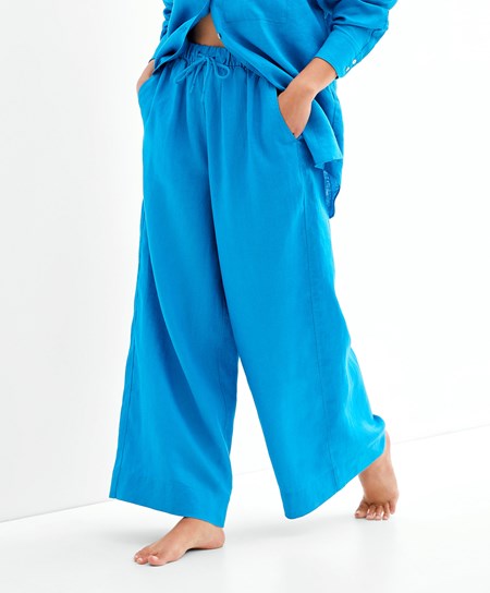 Turquoise-blue Oysho 100% Linen Wide Straight-leg Trousers | NLTP90235