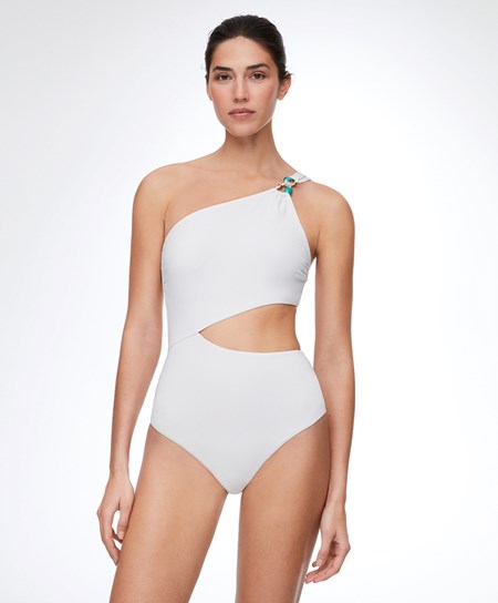 White Oysho Bead Detail Asymmetric Trikini | ASQV27486