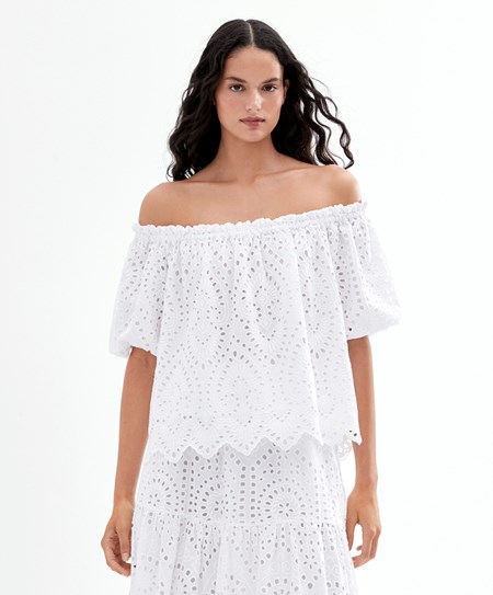 White Oysho Embroidered 100% Cotton Off-shoulder Top | XOCP91405
