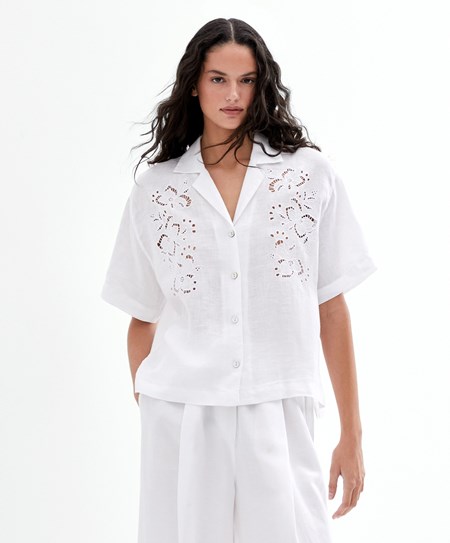 White Oysho Embroidered 100% Linen Short-sleeved Shirt | EJTN96428