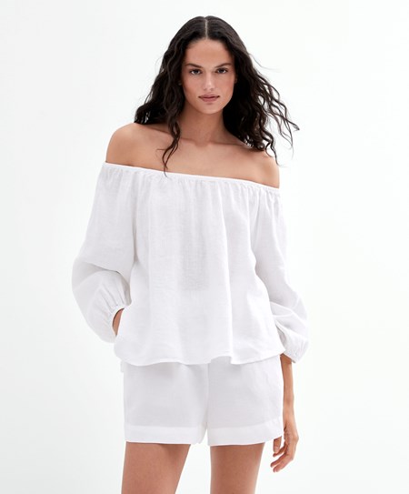 White Oysho Long-sleeved 100% Linen Blouse | GJTZ35672